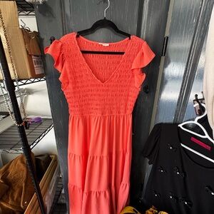 Blu Pepper Coral Smocked V-Neck Maxi Dress with Ruffle Sleeves